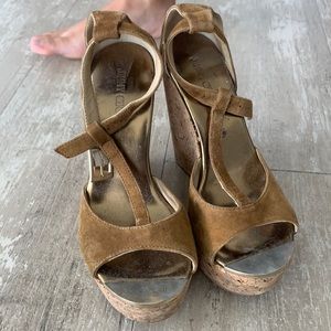 Jimmy Choo Wedge! Open toe in camel suede